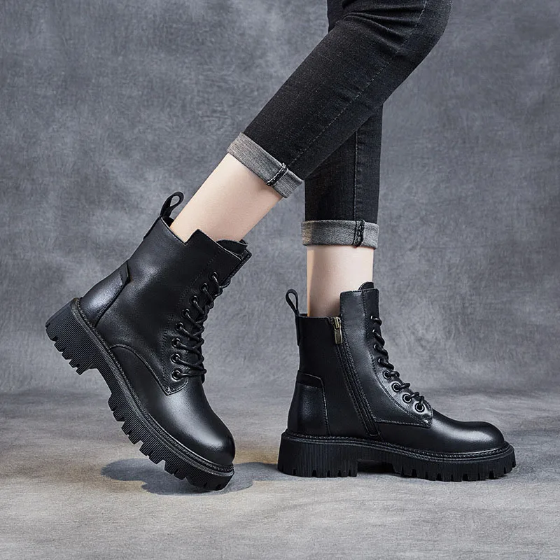 DRKANOL 2026 Women Thick Heel Ankle Boots Quality Cow Genuine Leather Round Toe Autumn Winter Warm Platform Casual Short Boots - view 6