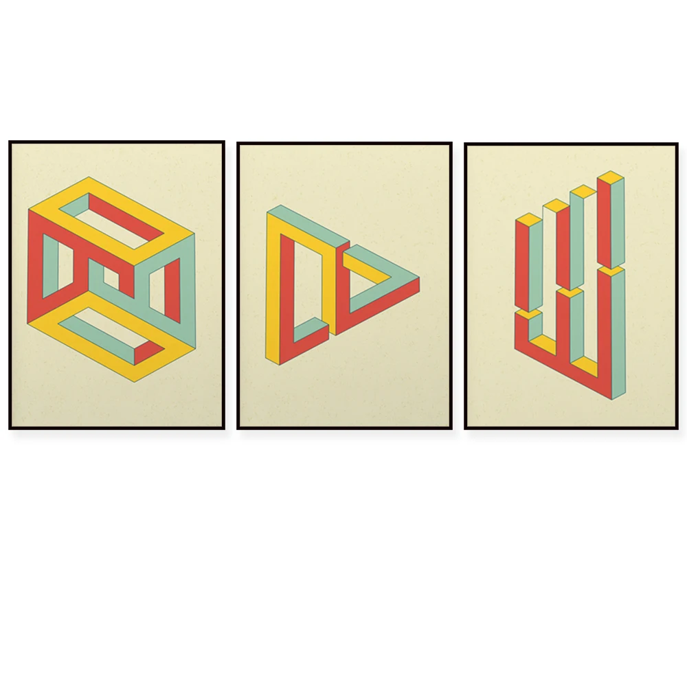 Un conjunto de 4 ilusiones de arte mural, 4 motivos de carteles geométricos imposibles y un paquete de carteles plegables con formas imposibles.