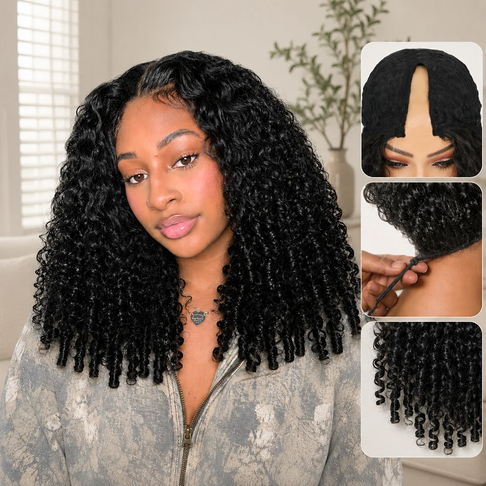 Burmese Curly V Part Wig Human Hair Out Upgrade U Part Wigs with Spiral End Deep Curly Machine Wigs For Women Natural Color 220% Density 30inch