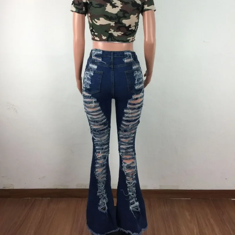 Fashion Indie Style Oversize Sexy Tassels Denim Flared Pants Night Club Women Ripped Jeans Blue Black Hollow Out Trousers 3XL