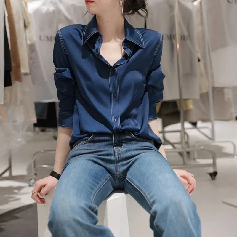 Office Lady Blue Long Sleeve Blouse Spring Autumn New Polo Neck Solid Temperament Shirt Tops Elegant Fashion Trend Women Clothes