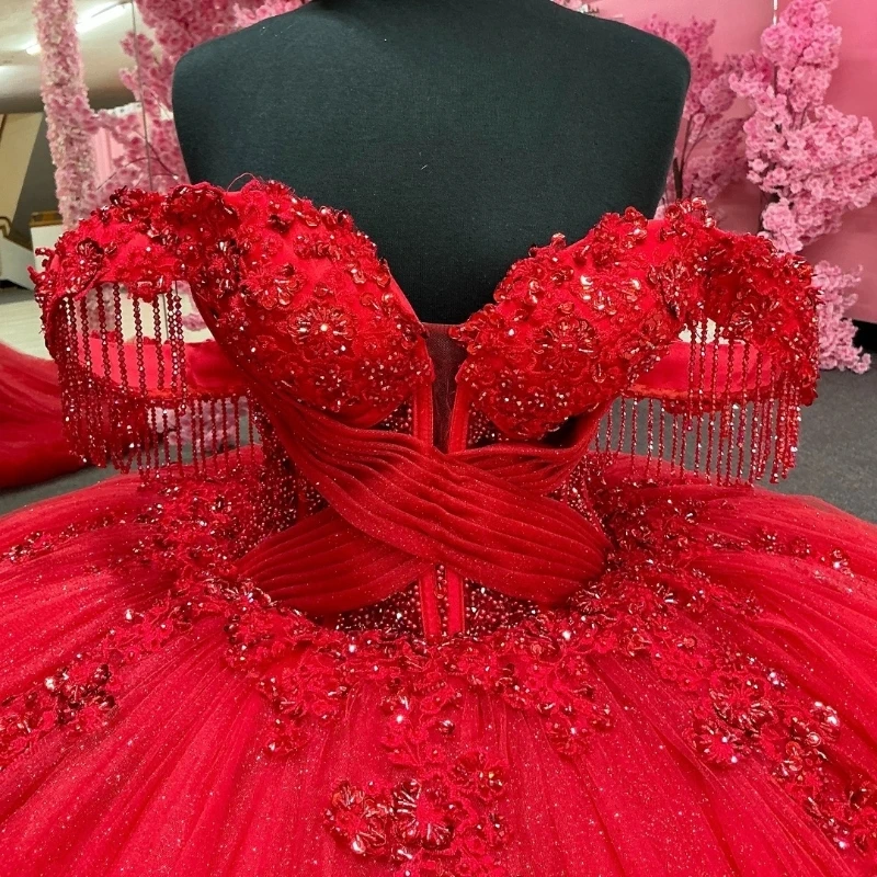 Personalizado vermelho brilhante quinceanera vestidos de baile lantejoulas apliques rendas miçangas tull em camadas espartilho festa aniversário doce 16 vesti