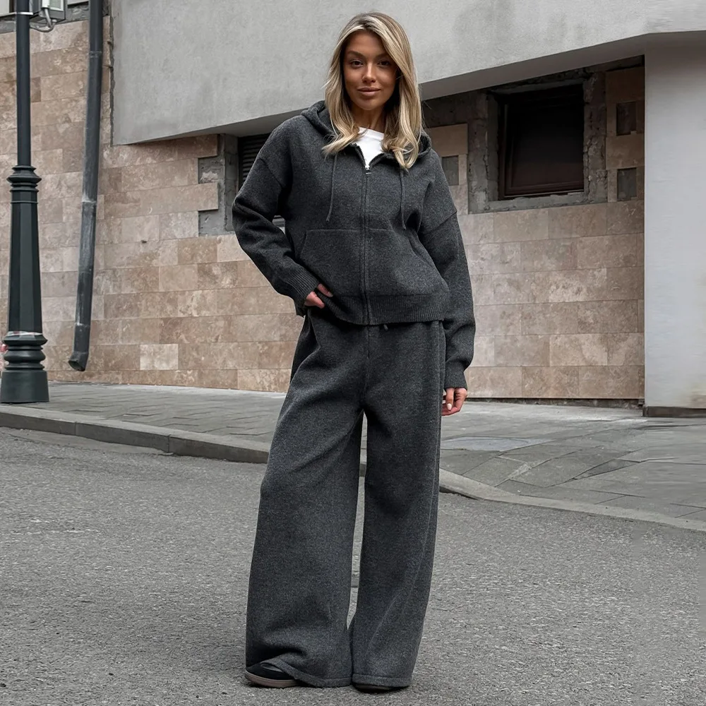 Autumn and Winter Women Sports Style Hoodie Wide Leg Pants Set Elegant Thick Warm Soft Antibacterial Knitted Sweater Pants 2Pcs