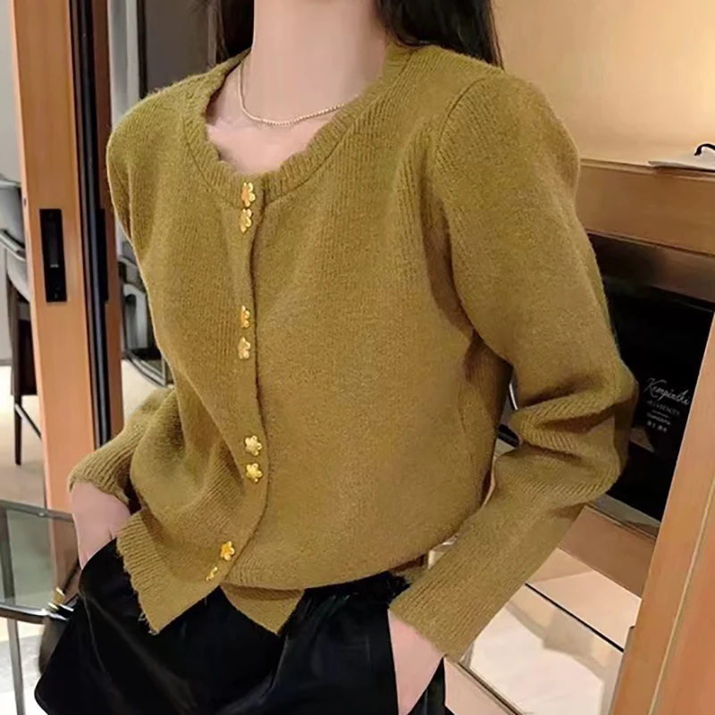 HELIAR Women Buttons Up Cardigan O-Neck Long Sleeve Elegant Office Sweater Coat Ruffles Knitted Warm Short Sweater Fall Winter