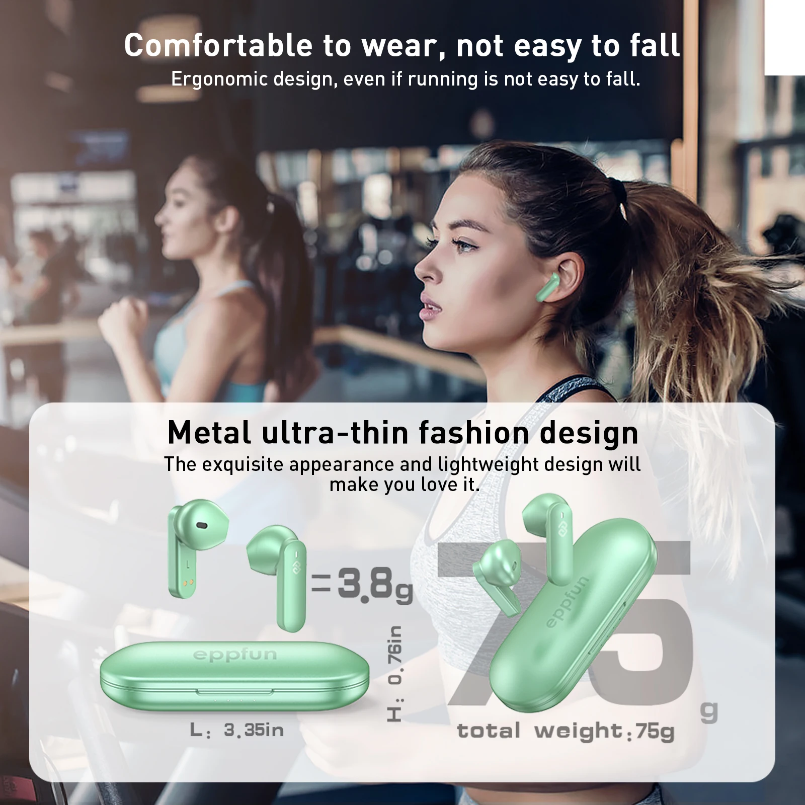 EPPFUN Wireless Earphones QCC3040 Bluetooth V5.2 Earbuds AptX-Adaptive, 4 Mics+CVC Noise Cancellation Type C Metal Case