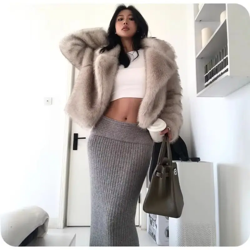 Amerikaanse stijl reversbont korte imitatie vossenbontjas Modieuze en eenvoudige dames milieuvriendelijke jassen Dameskleding