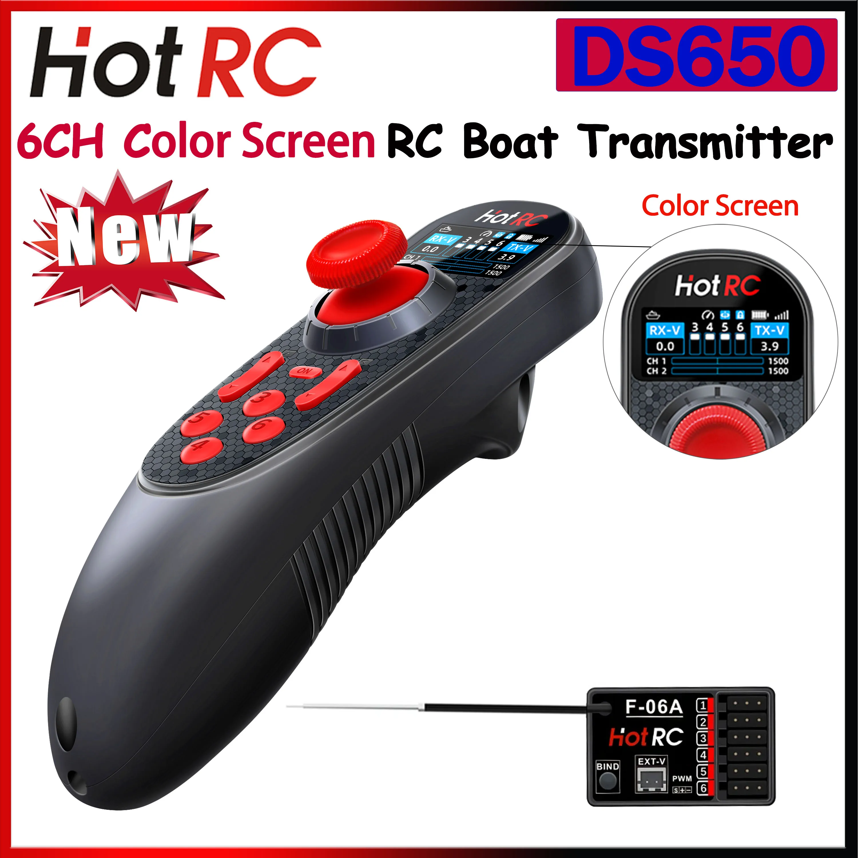 

NEW HOTRC DS-650 6CH 2.4G Radio System Transmitter Color Screen Remote Controller F-06A Receiver for RC Boat Model DS600 Upgrade