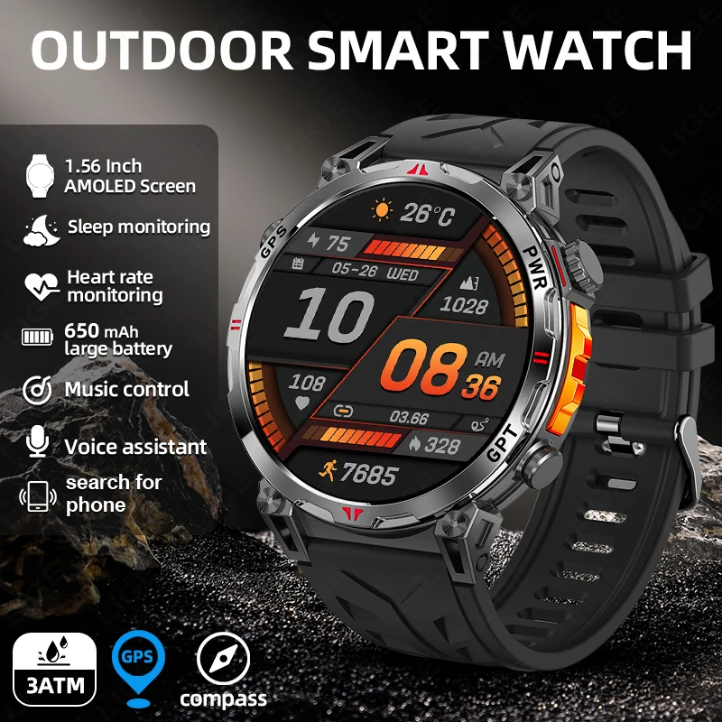 LIGE GPS ساعة ذكية للرجال بطارية 650 مللي أمبير في الساعة 3ATM مقاومة للماء تتبع اللياقة البدنية الرياضية معدل ضربات القلب بلوتوث دعوة ساعة ذكية احترافية