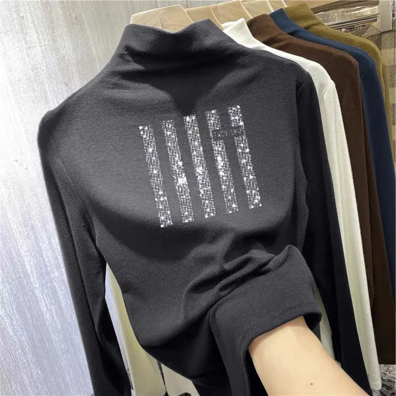 Autumn Winter New Double Sided German Half High Collar Long Sleeve Women\'s Bottom Shirt Fashion Age Reducing Diamond Set T-shirt