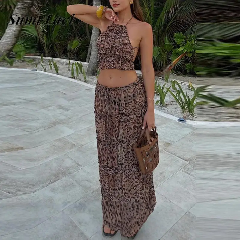 

Fashion Sleeveless Vest&Half Skirts Beach Outfits Casual High Waist Backless Set Sexy Suspender Leopard Printed Slim 2 Piece Set
