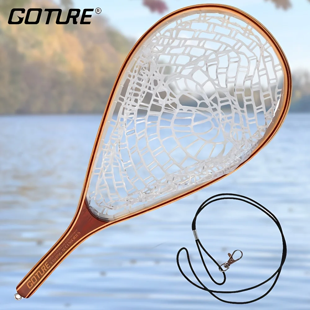 Goture Fly Fishing Net - Fish-Friendly Rubber Coated Mesh, Sturdy Wooden Handle with Safety Lanyard for Trout Catch & Release