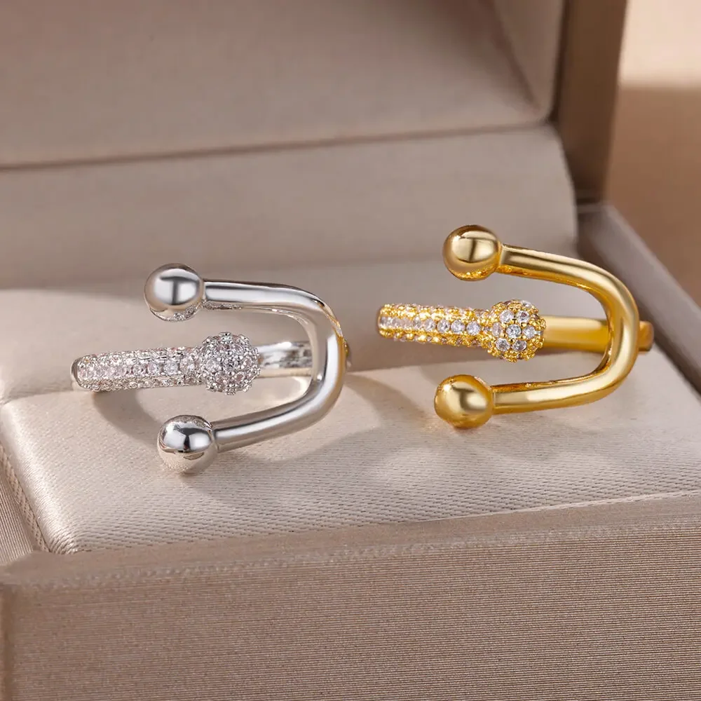 Zircon Double Crossed Shape Rings For Women Gold Plated Stainless Steel Cross Ring Luxury Wedding Couple Rings Aesthetic Jewerly