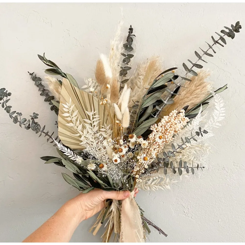 Fiori secchi, Bouquet di erba di pampa di fiori selvatici di salvia d'ulivo, Bride e damigelle d'onore, fiori da sposa