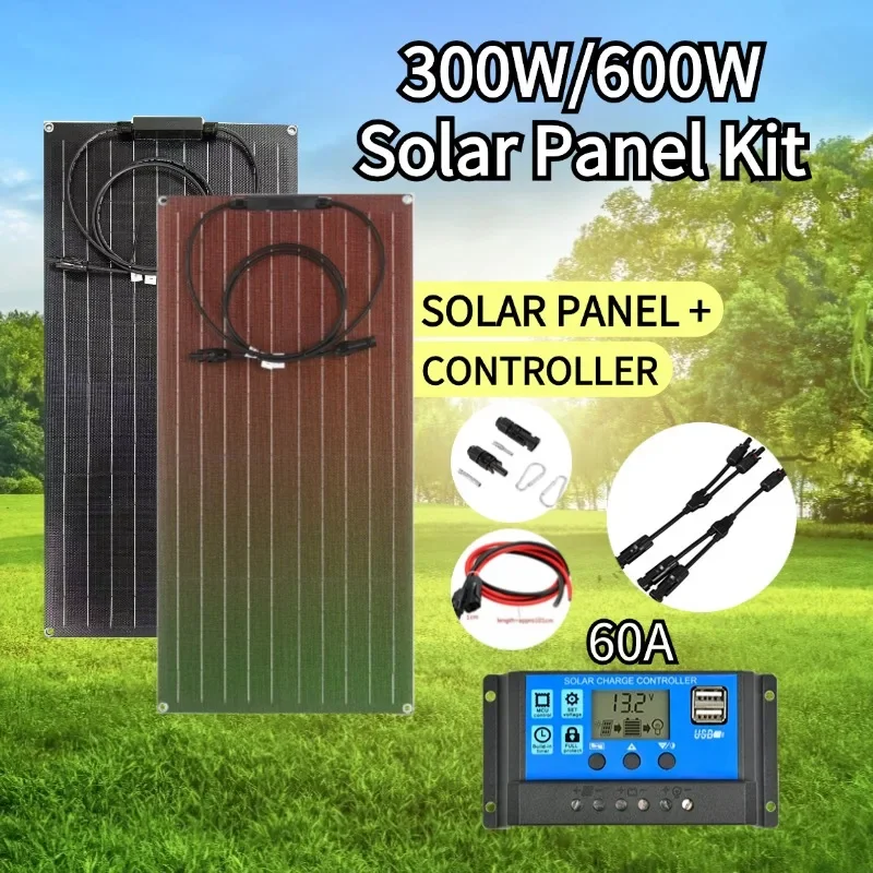 Flexible Solar Panel Kit 300W PV Module 600W+12V/24V Controller Solar Cable Cell for Home Outdoor Car Boat Battery Camping Trip