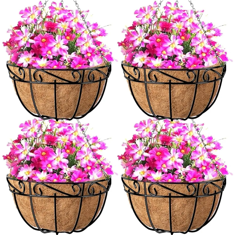 

4-Pack 14 Inch Metal Hanging Baskets with Coco Liners for Outdoor Plants, Garden Decor