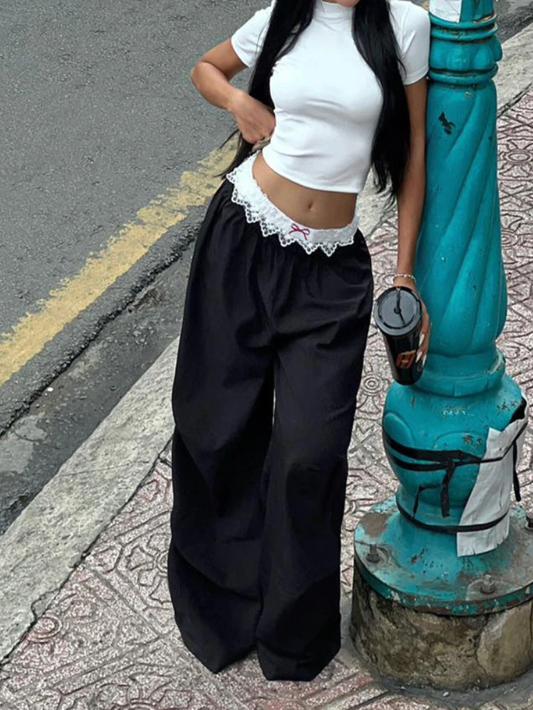 HOUZHOU Vintage Lace Patchwork Pants Women Y2k Streetwear Low Rise Wide Leg Trousers Korean Fashion Casual Black Baggy Pants
