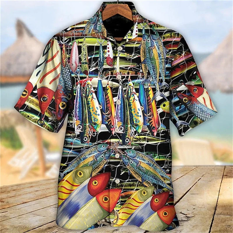 Camisa havaiana vintage solta masculina, manga curta, moda de praia, desenho animado 3D, blusa exterior, roupa casual, 2024