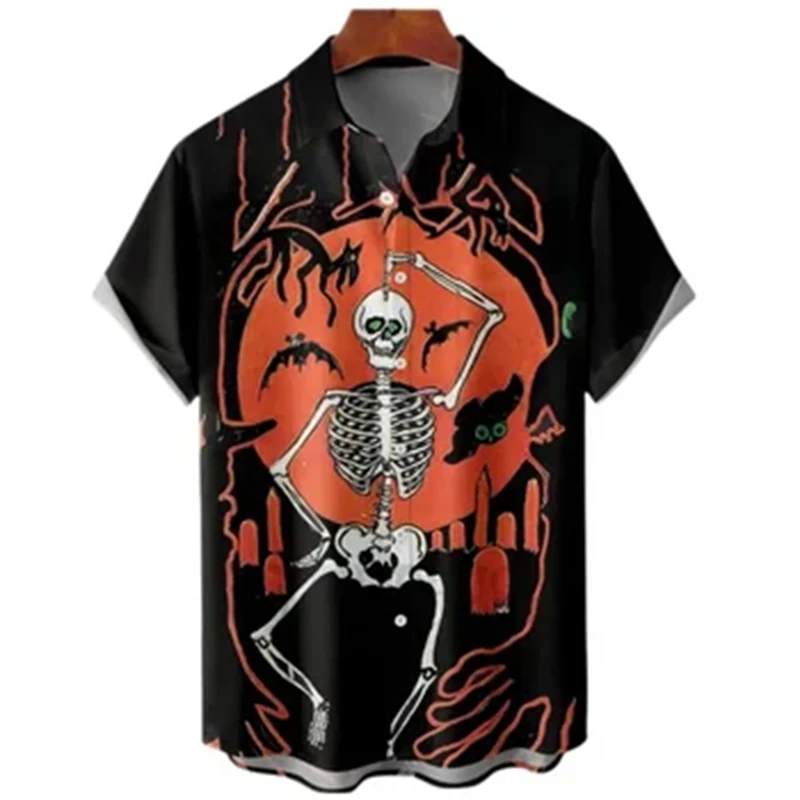 Camisa con estampado de cabeza de calabaza para hombre, disfraz de fiesta de Halloween, manga corta hawaiana, moda informal de calle, estilo de terror, 2024