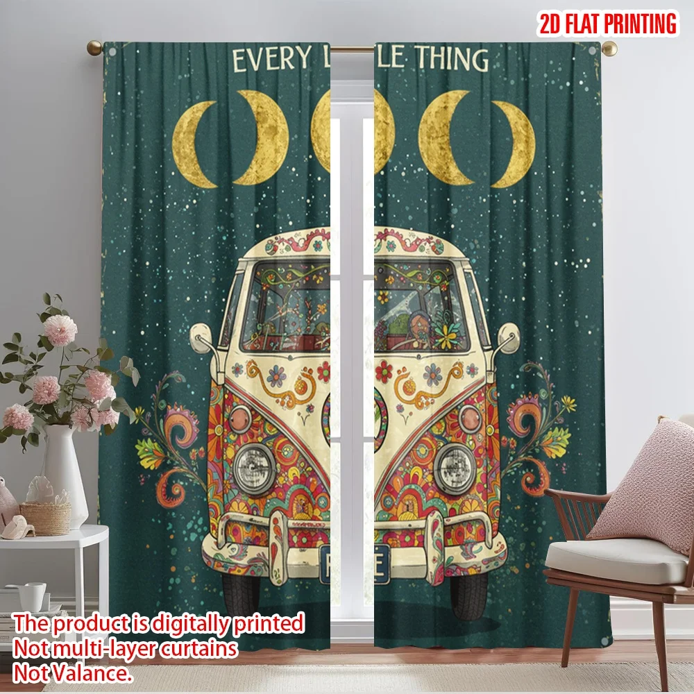

2pcs 2D flat printing Party Window Curtains Peace Van Hippie Vibe 100% Polyester Without Electricity Festive Wall Decor Perfect