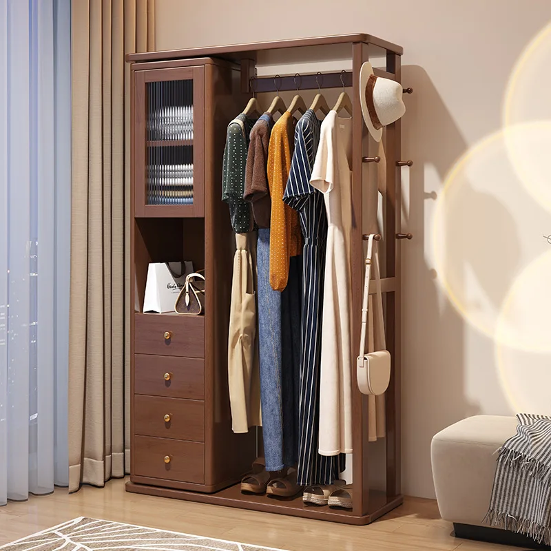 Rubber wood Solid wood Rotatable hanger with locker Multifunctional floor-to-ceiling full-length mirror Integrated coat rack