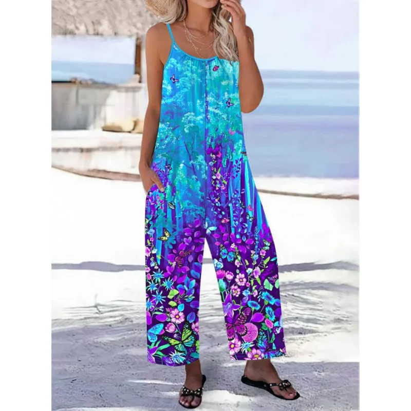 

European and American Cross Border Women's New Dress V-neck Sleeveless Sexy Printed Large Hem Foreign Trade jumpsuit