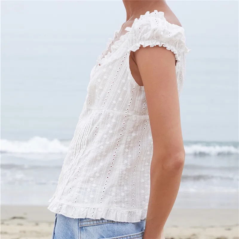 Women Off Shoulder Ruffle Blouse Eyelet Embroidery V Neck Front Button Pinched Pleat Slim Short Sleeve Crop Top Daily Streetwear