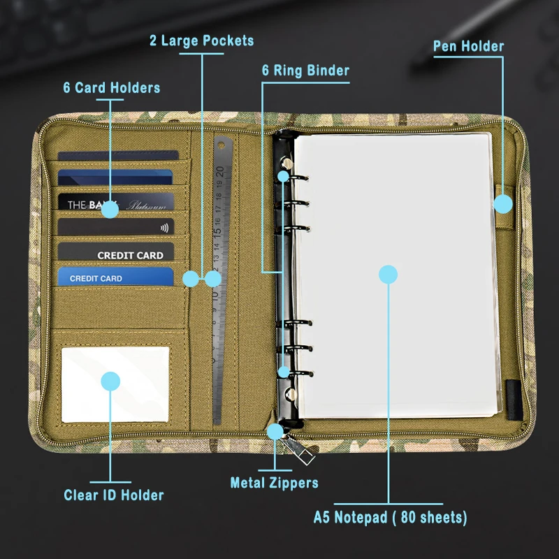 Weatherproof Notebook Cover Outdoor Tactical Padfolio Ring Binder with 80 Sheets of Loose-Leaf Paper A5