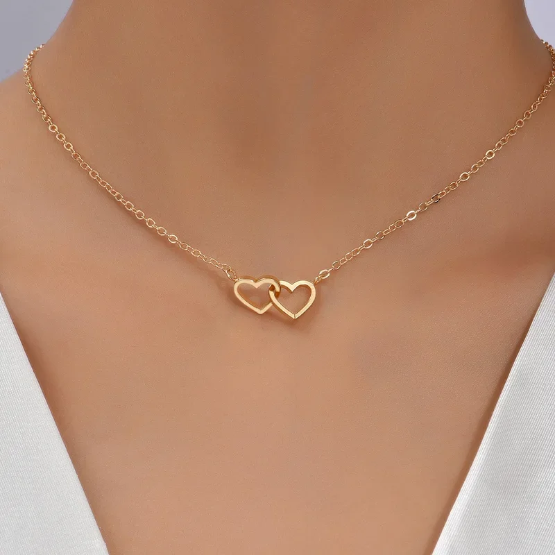Tiny Cute Double Hollow Heart Chain Necklace Women Fashion Love Necklace Valentine's Day Jewelry for Women