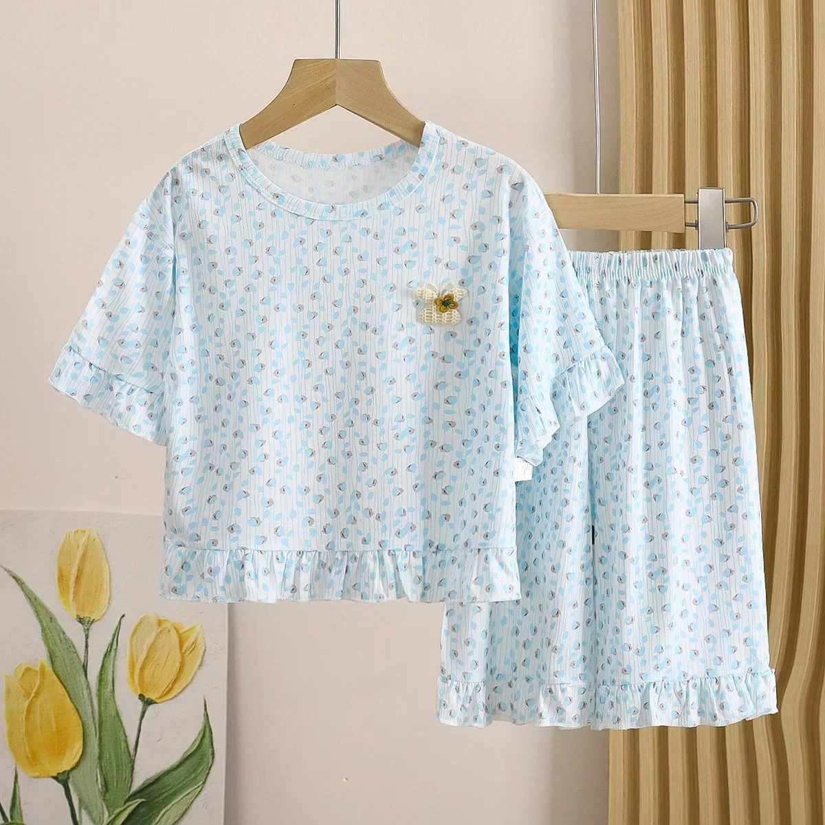 

Girls Summer Thin Breathable Sweet Pajamas Half Sleeve Cartoon Floral Print Clothing Set Sleepwear Children's Casual Homewear