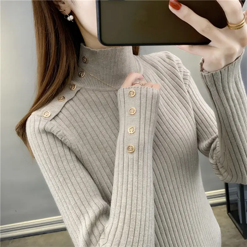 Women\'s Clothing Half High Collar Screw Thread Solid Color Pullover Long Sleeve Button Sweater Knitted Casual Office Lady Tops