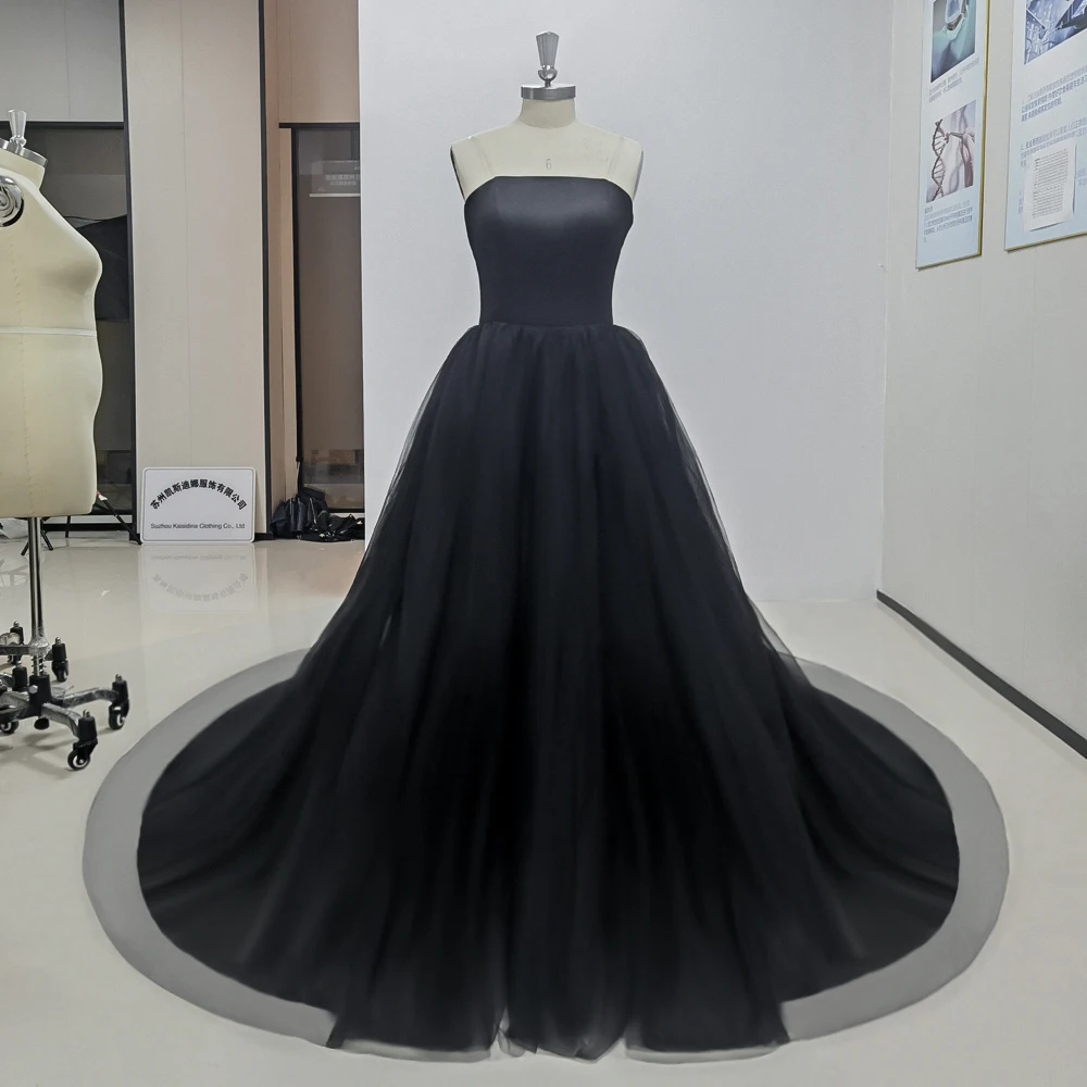 Black Elegant Strapless Sleeveless A-line Evening Dress Fashion Floor Length Party Prom Ball Gowns