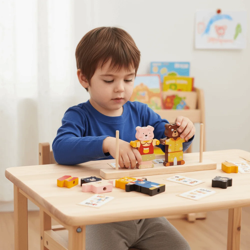Creatief kleursorteerspeelgoed voor kinderen Beervormig interactief houten stapelblok Kleurrijk aankleedblok