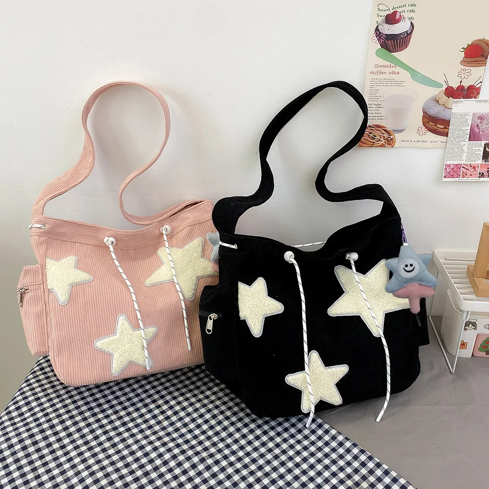 Women Star Pattern Corduroy Crossbody Bag Casual Tote Lady Simple Large Capacity Shoulder Bag Girl Travel School Bookbag Handbag