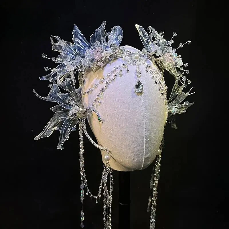 Exotic Mermaid‑Princess Butterfly Tiara, Fairy Hanfu‑Style Forehead Decoration Headwear Crown for Cosplay Party Wedding Dress‑up