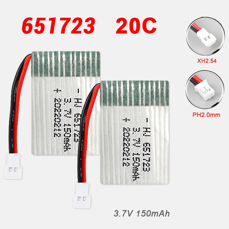 

3.7V Lipo Battery 150mAh 651723 XH2.54 PH2.0 Plug Drone Batteries for X2 U207 H2 H8 Aircraft H36 NH010 + USB Charging Cable