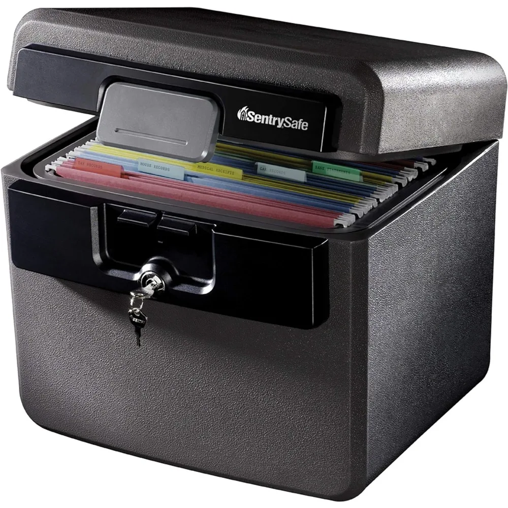 Sentry Safe Black Fireproof and Waterproof Safe, File Folder and Document Box with Key Lock, Ex. 14.3 x 15.5 x 13.5