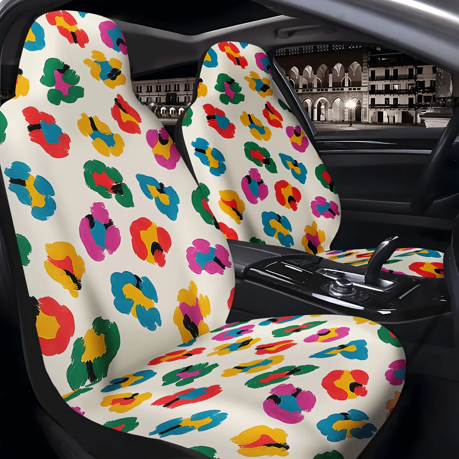 This Set Of Two Colorful Leopard Print Car Seat Covers Is Durable, Designed For Front Seats, Machine Washable, Made Of Polyester