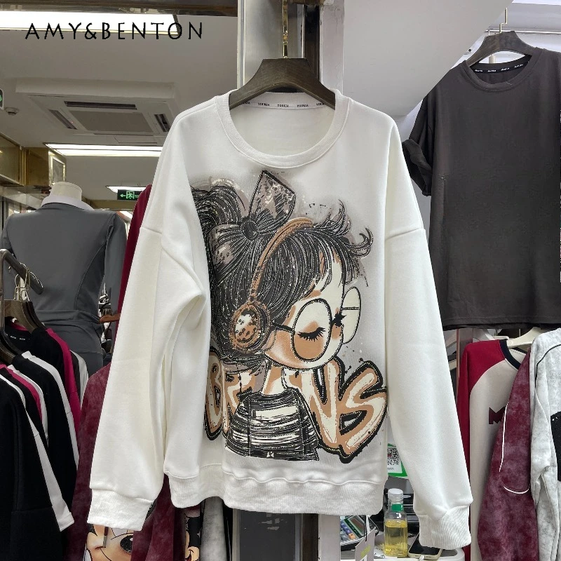 

Fashion American Style Casual Retro Hoodies Fleece Lined Sequin Little Girl Oversized Sweatshirt New Loose Slimming Top Coat