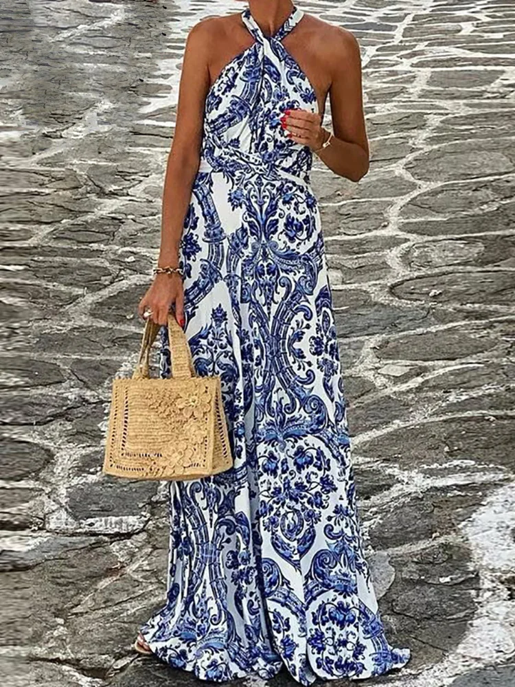 Sleeveless Simple Patchwork Party Dress, Women Summer Halter Printed Elegant Maxi Dress, 2024 Backless Chic Ladies Dress Vestido