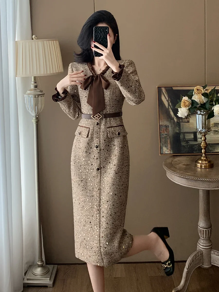 Autumn Temperament High Waist Dress Women High-end Bow Collar Mid Length Celebrity Dress Pleated Splicing Long-sleeved Dresses