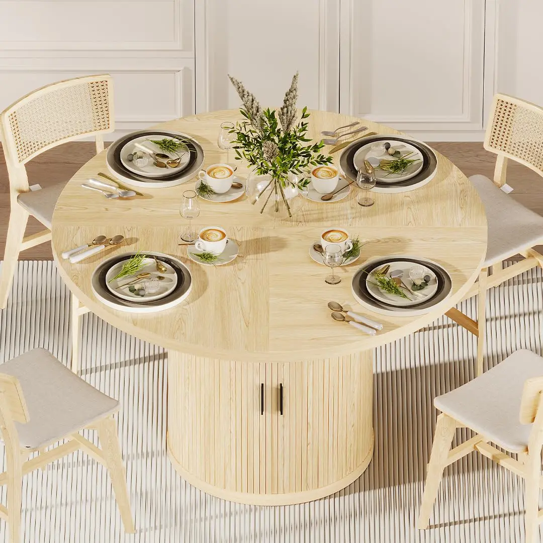 Runder Esstisch für 4-6 Personen, 119 cm Esszimmertisch mit Holzsockel, Natürliche Esstische, Maßanfertigung