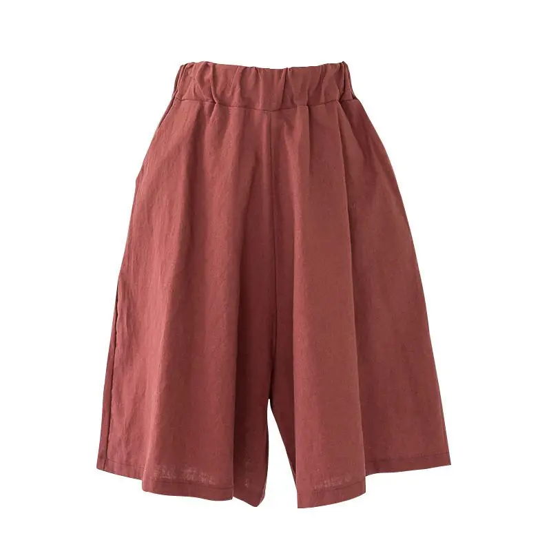 Shorts soltos de algodão de linho feminino, cintura alta, casual, elástico na cintura, perna larga, comprimento do joelho, correndo, verão