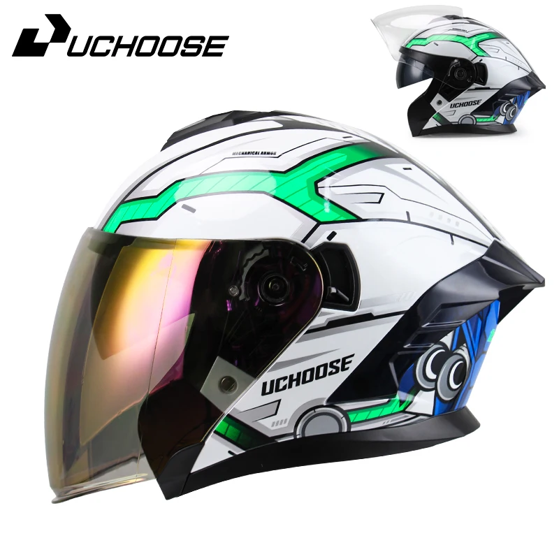 715 Motorcycle Open Face Helmet For Men And Women Dual Lens Sun Visor Face Shield Top Lightweight Scooter Bike Retro 3/4 Helmet