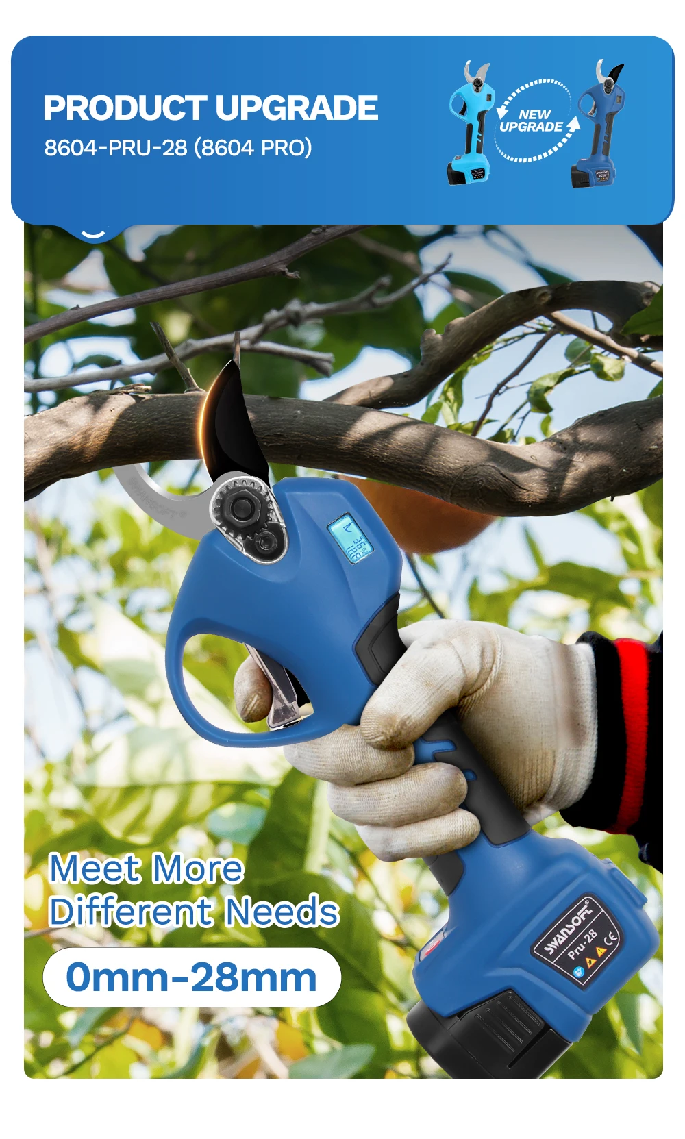 SWANSOFT 28mm Elektrische Gartenschere mit zwei Akkus, progressives Schneiden, Gartenwerkzeug zum Baumbeschneiden PRU28, PRU28 SE – Detail 4