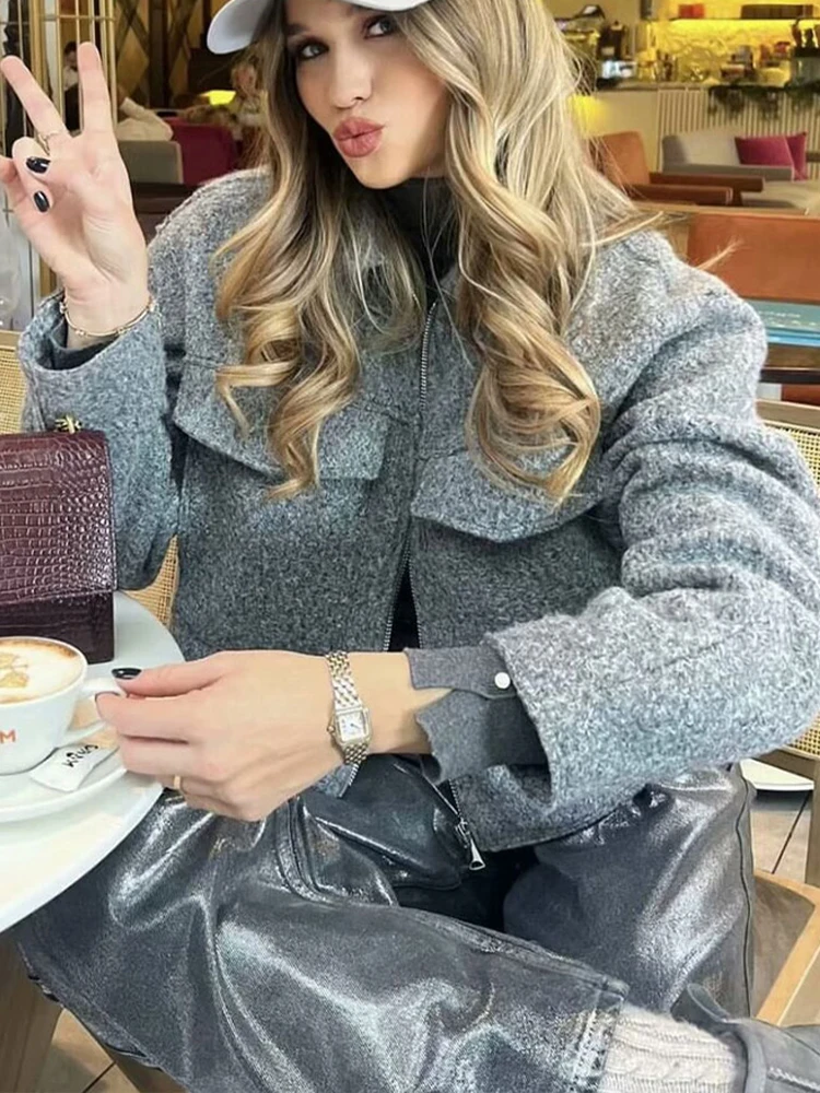 HH Women\'s Autumn Fashion Solid Color Short Jacket Retro Long Sleeve Pocket Zipper Polo Collar Jacket Women\'s Short Top Y2k