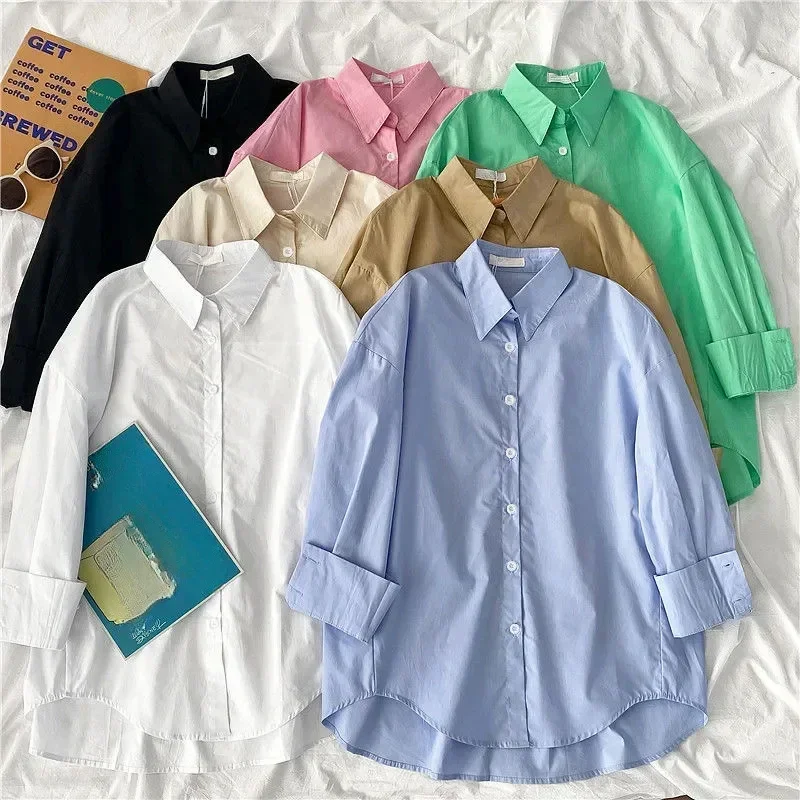 Women Blouses Office Lady Tops Pink White Blue Button Up Long Sleeve Shirt Female New Spring Korean Fashion Shirts Mujer