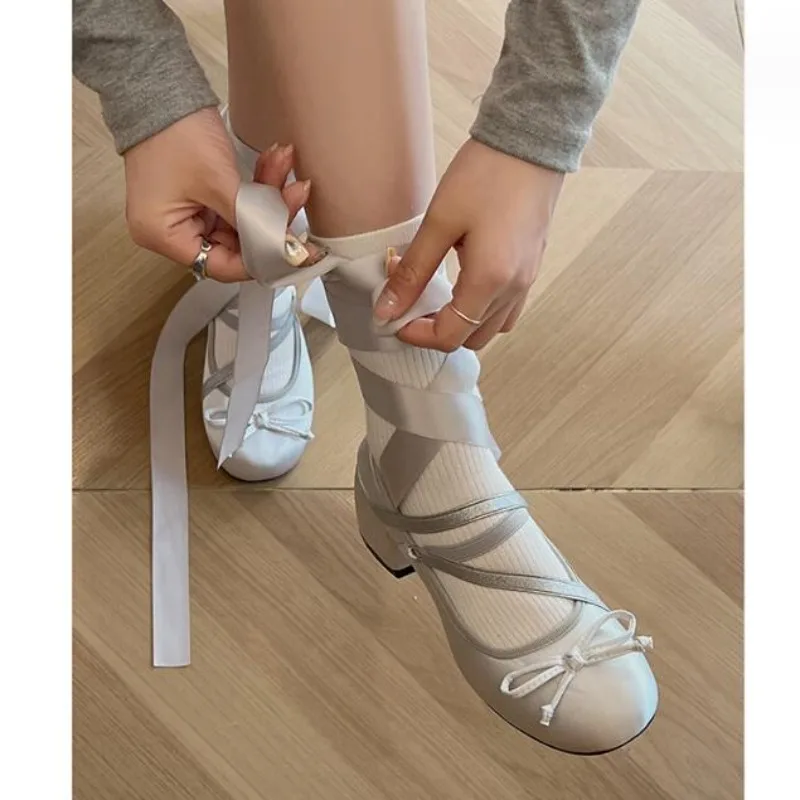 

Chunky Heels Lolita Pumps Shoes Hot Brand Spring Summer French Style Elegance Women Pumps Lace Up Ballet Style Single Shoes