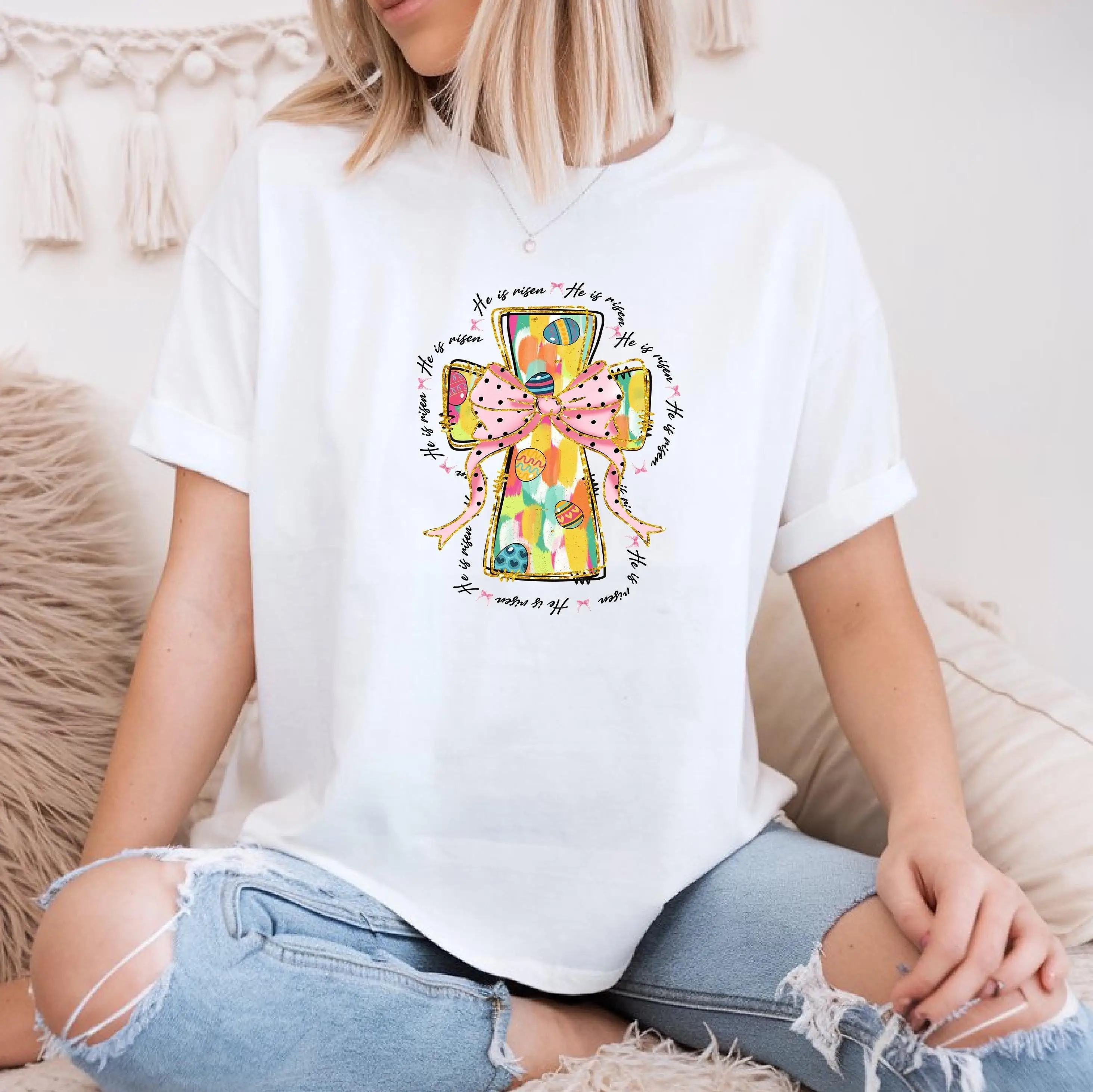 

Coquette Easter Cross T Shirt He is Risen Colorful Brushstroke Jesus Glitter