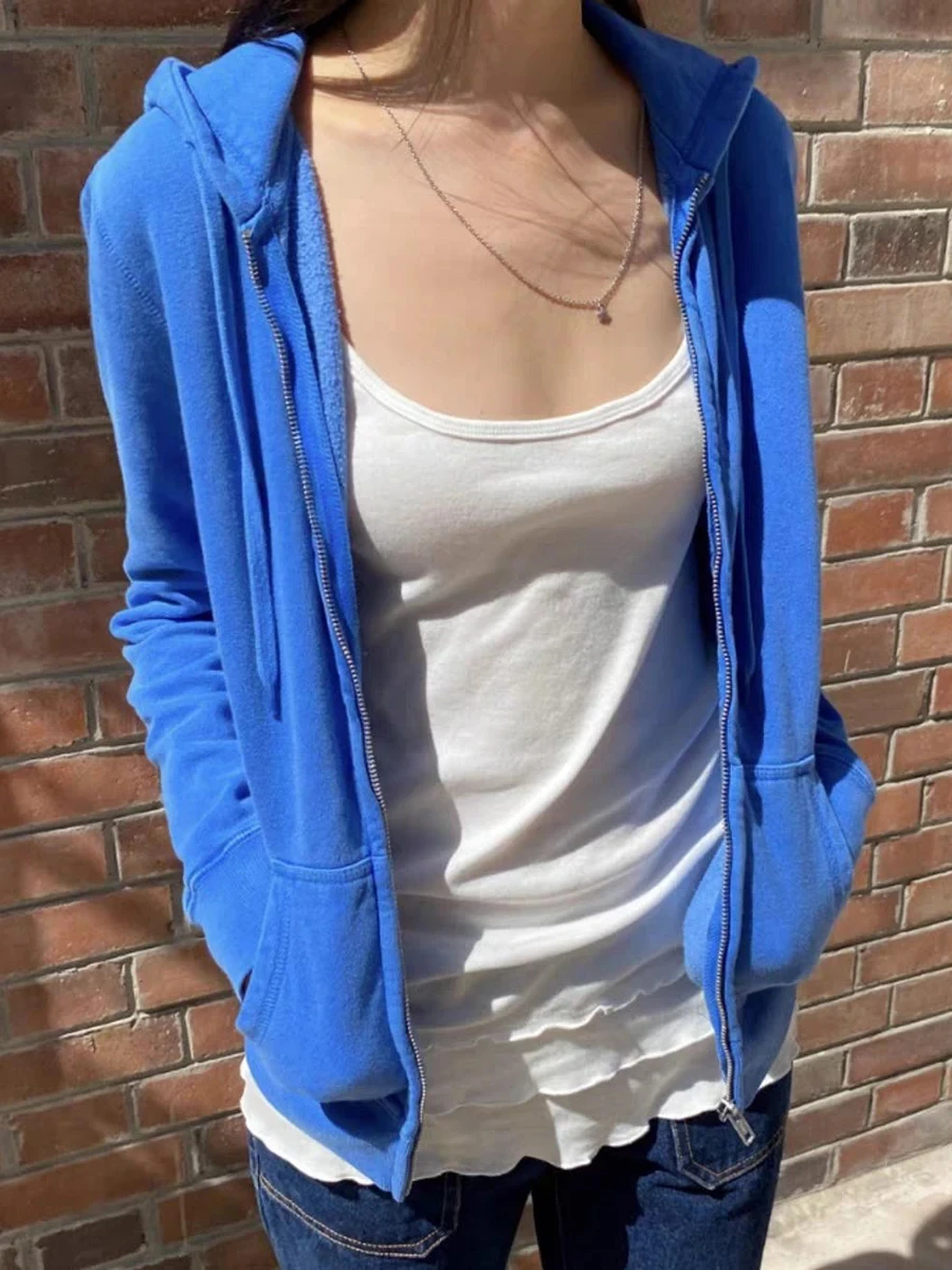 

New Royal Blue Hoodie Women Autumn Solid Long Sleeve Pocket Drawstring Hooded Sweatshirt Vintage Simple Zip-up Jacket Y2k Tops