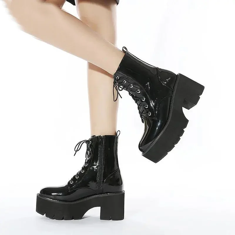 Woman Lace Autumn Boots Womens Ladies Chunky Wedge Platform Black Patent Leather Ankle Boots Punk Goth New Arrival